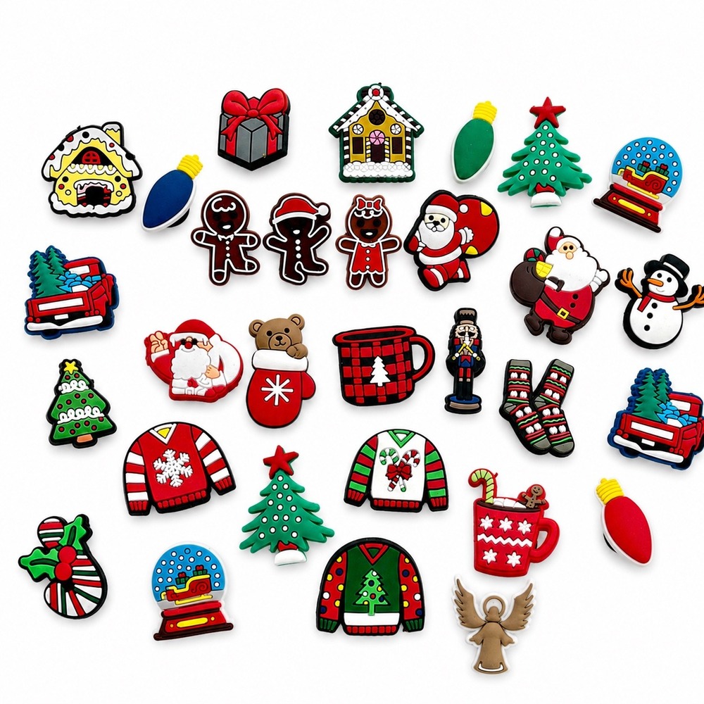 30pc Christmas Shoe Charms Holiday Lot Santa Gingerbread Trees Snowman Sweaters